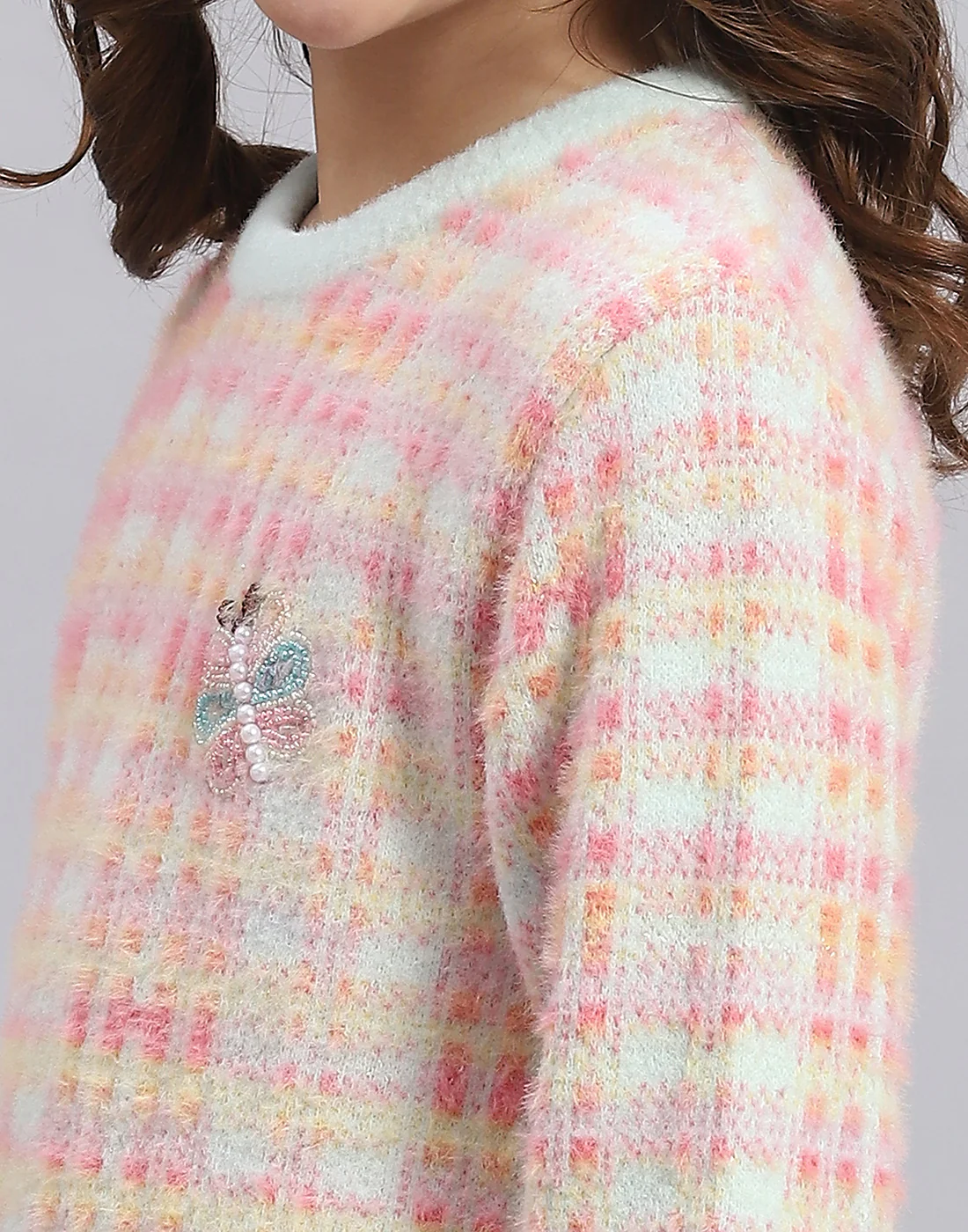 Girls Pink Self Design Round Neck Full Sleeve Sweater - Image 7