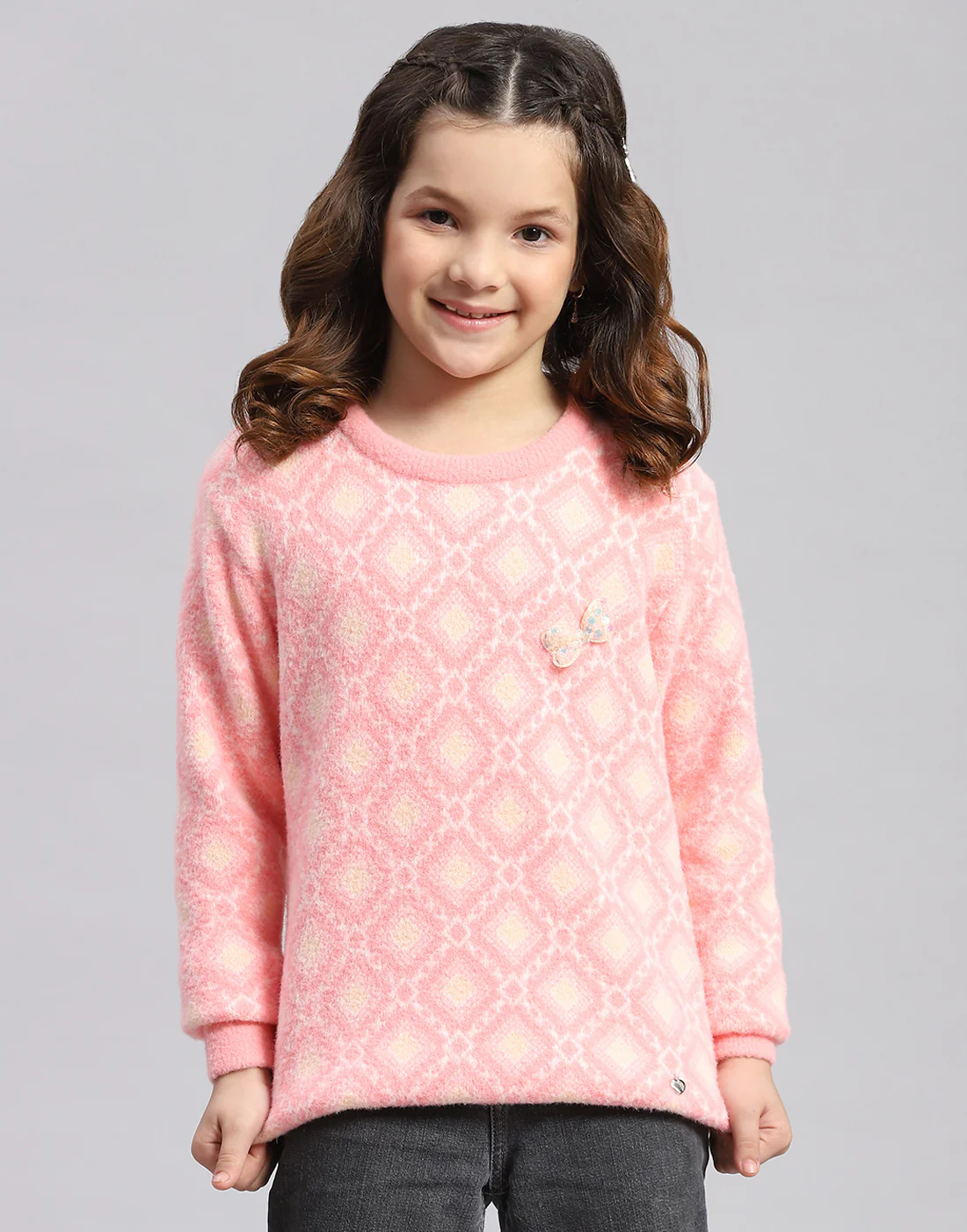 Girls Pink Self Design Round Neck Full Sleeve Sweater - Image 3
