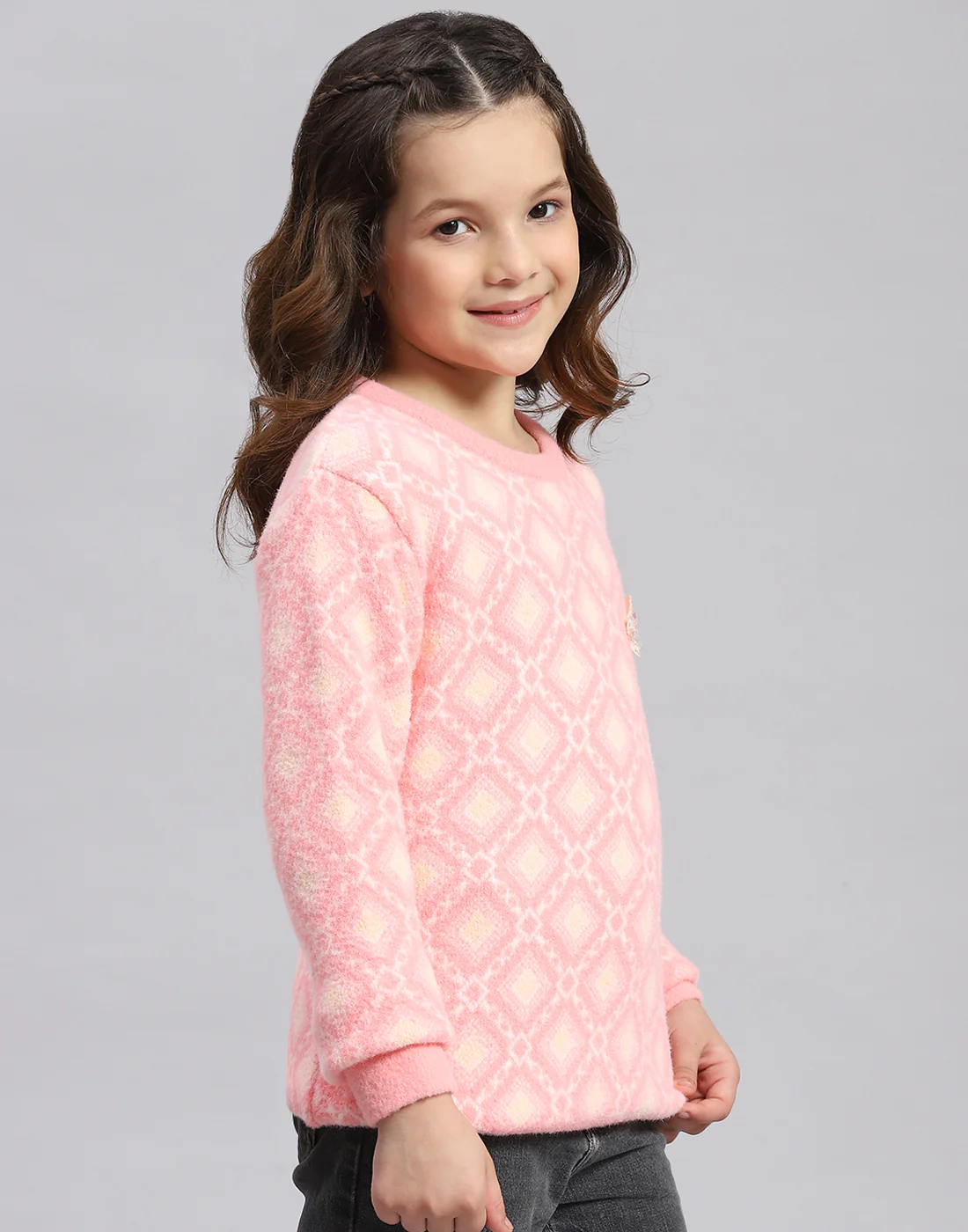 Girls Pink Self Design Round Neck Full Sleeve Sweater - Image 4