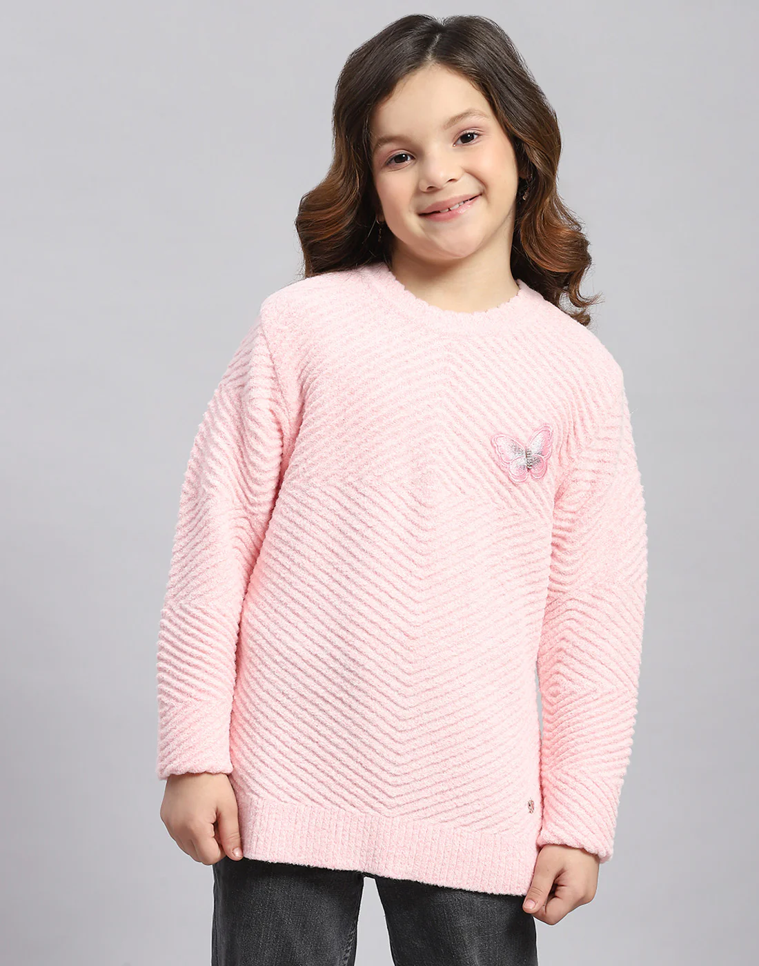 Girls Pink Self Design Round Neck Full Sleeve Sweater - Image 2
