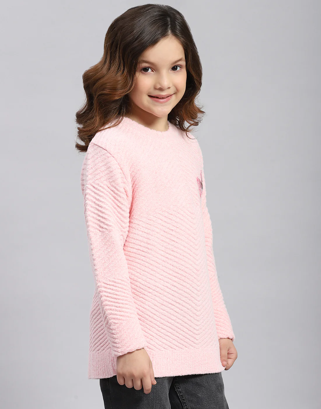 Girls Pink Self Design Round Neck Full Sleeve Sweater - Image 4