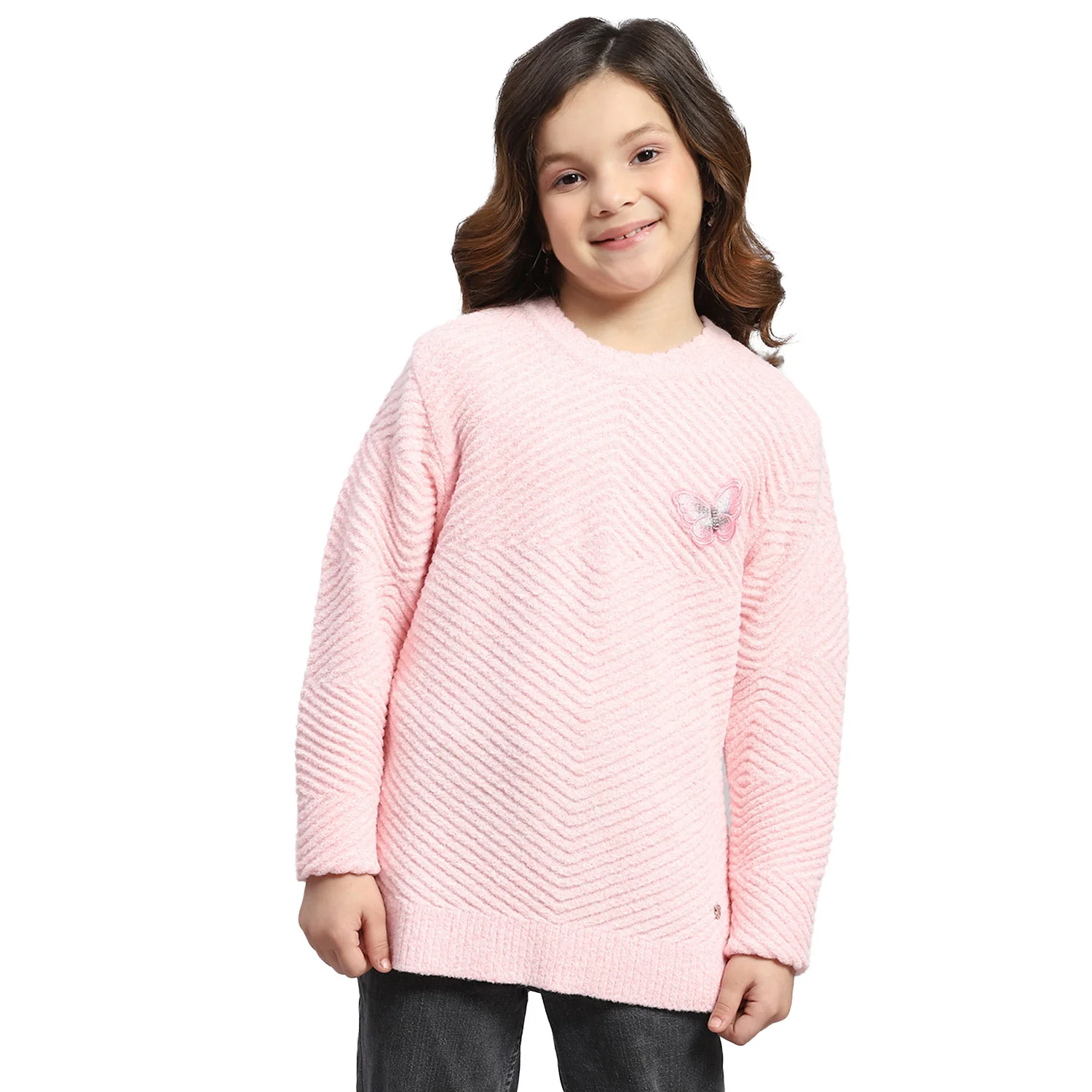 Girls Pink Self Design Round Neck Full Sleeve Sweater - Image 5