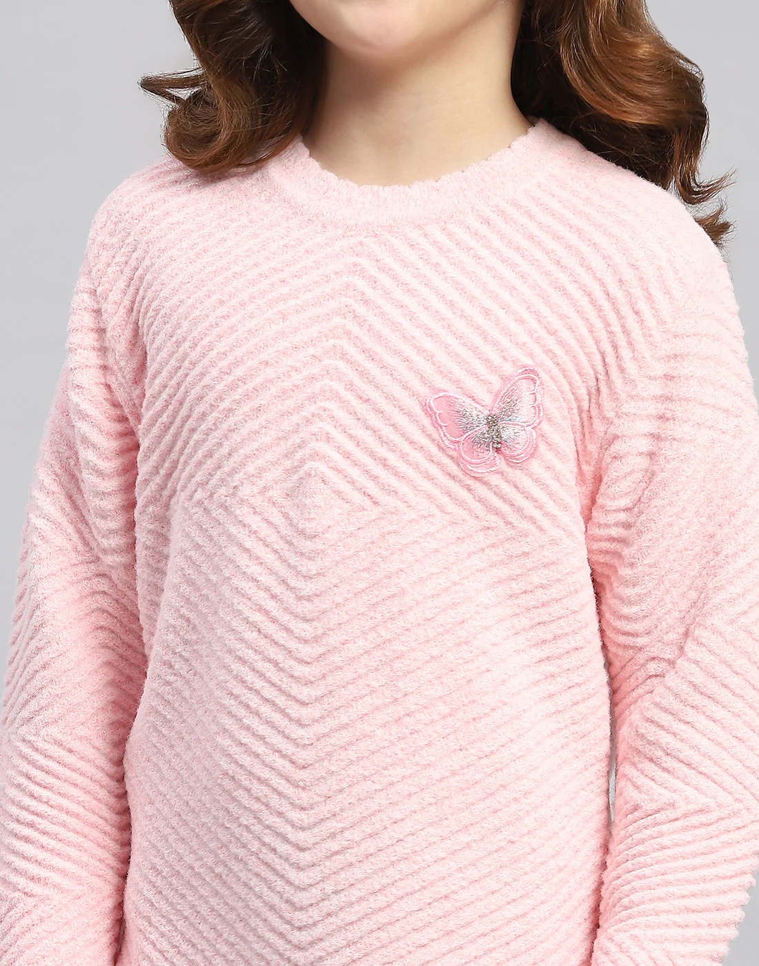 Girls Pink Self Design Round Neck Full Sleeve Sweater - Image 7