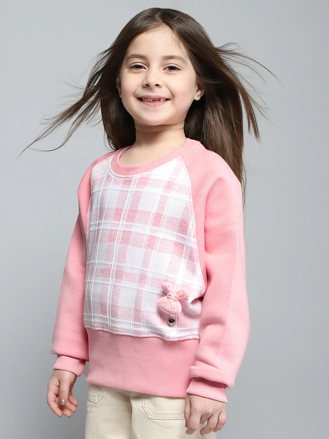 Girls Pink Self Design Round Neck Full Sleeve Sweatshirt - Image 3