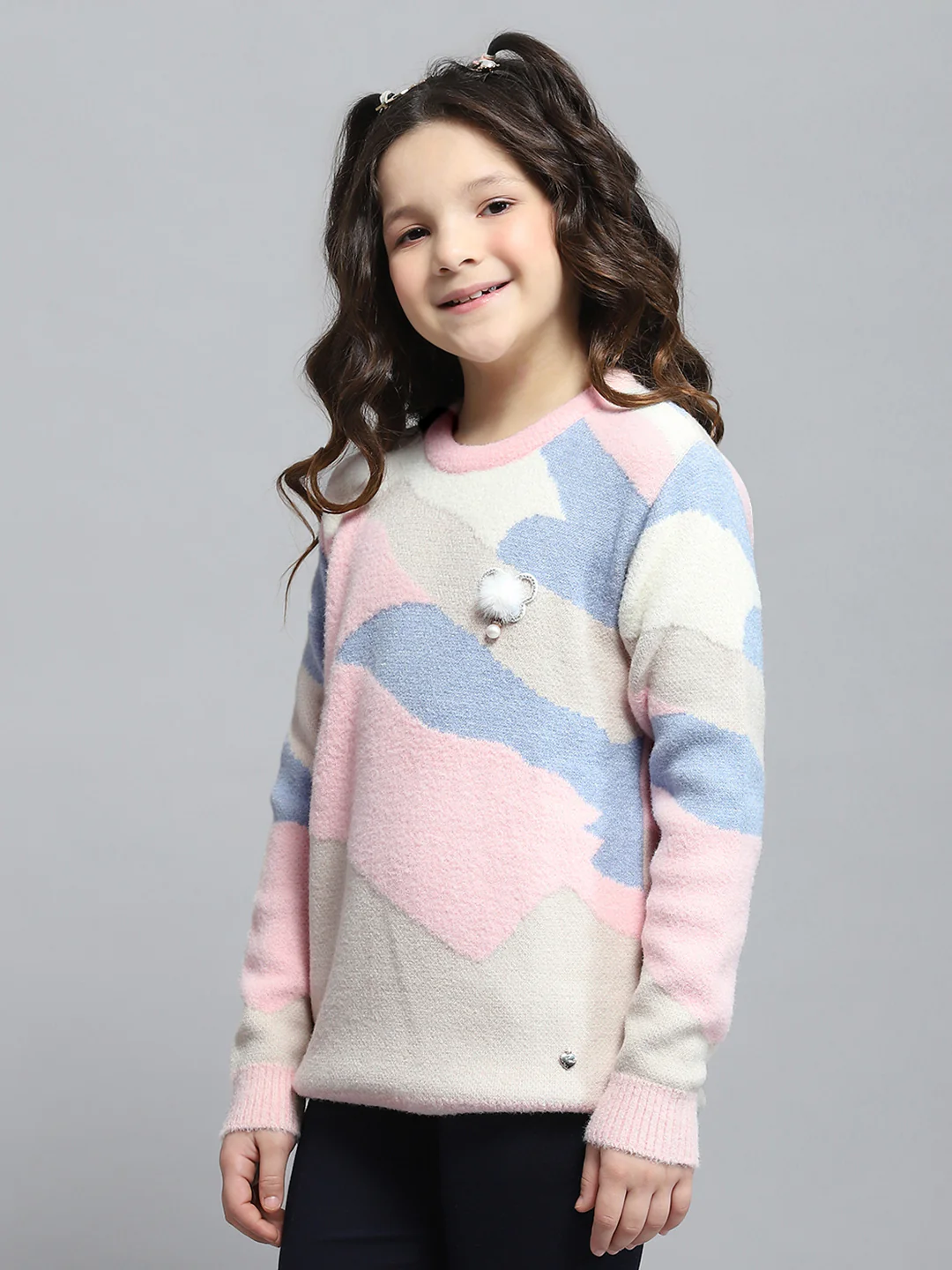 Girls Pink Self Design Round Neck Full Sleeve Winter Top - Image 3