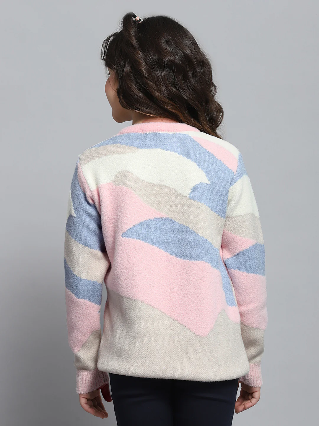Girls Pink Self Design Round Neck Full Sleeve Winter Top - Image 5
