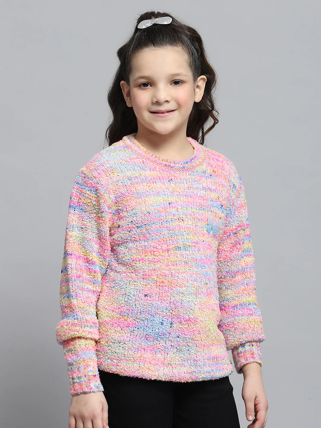 Girls Pink Self Design Round Neck Full Sleeve Winter Top - Image 4