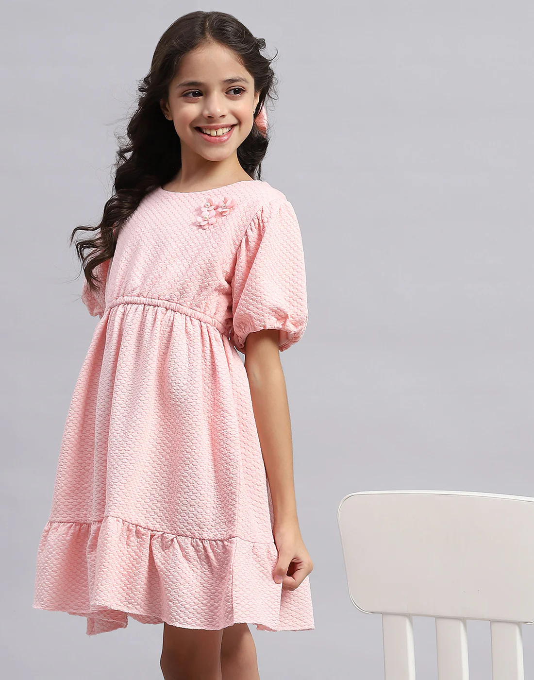 Girls Pink Self Design Round Neck Half Sleeve Dress - Image 6