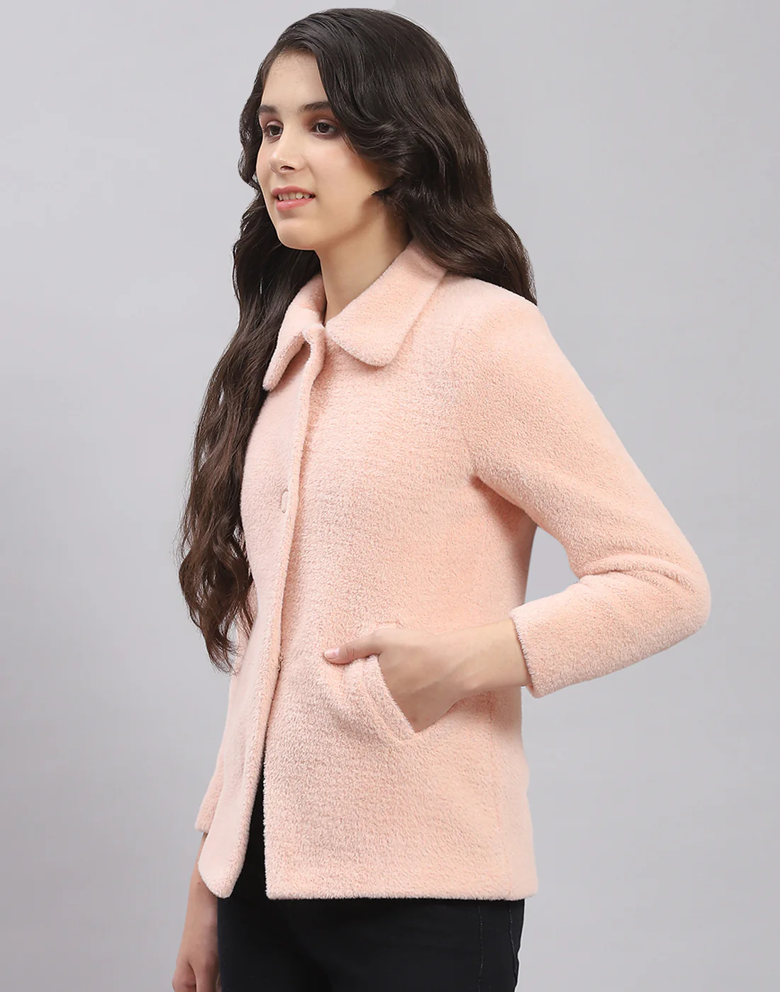 Girls Pink Solid Collar Full Sleeve Coat - Image 3