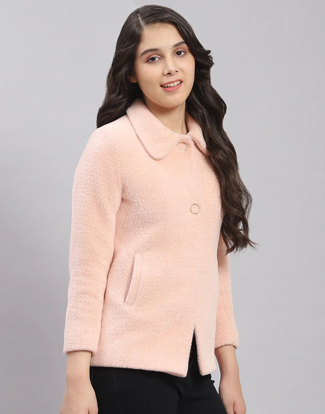 Girls Pink Solid Collar Full Sleeve Coat - Image 4