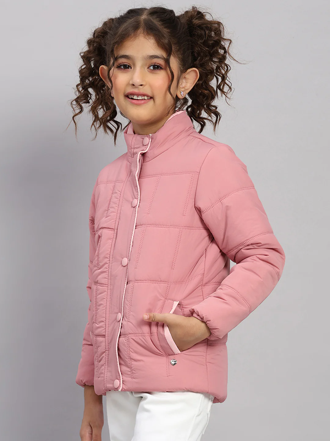 Girls Pink Solid Collar Full Sleeve Jacket - Image 3