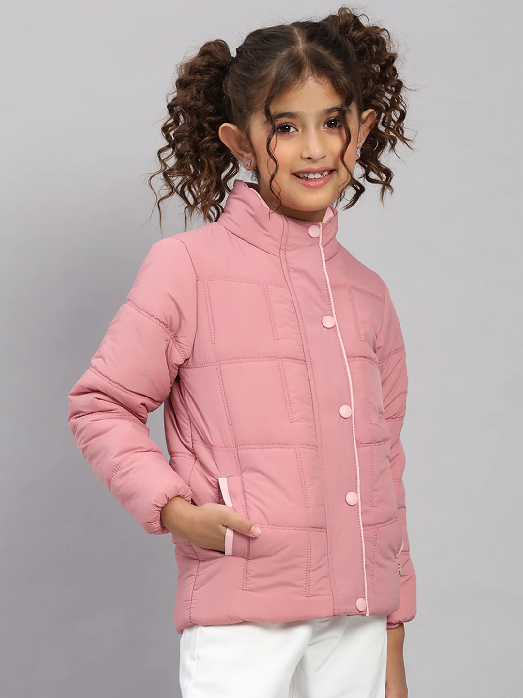Girls Pink Solid Collar Full Sleeve Jacket - Image 4