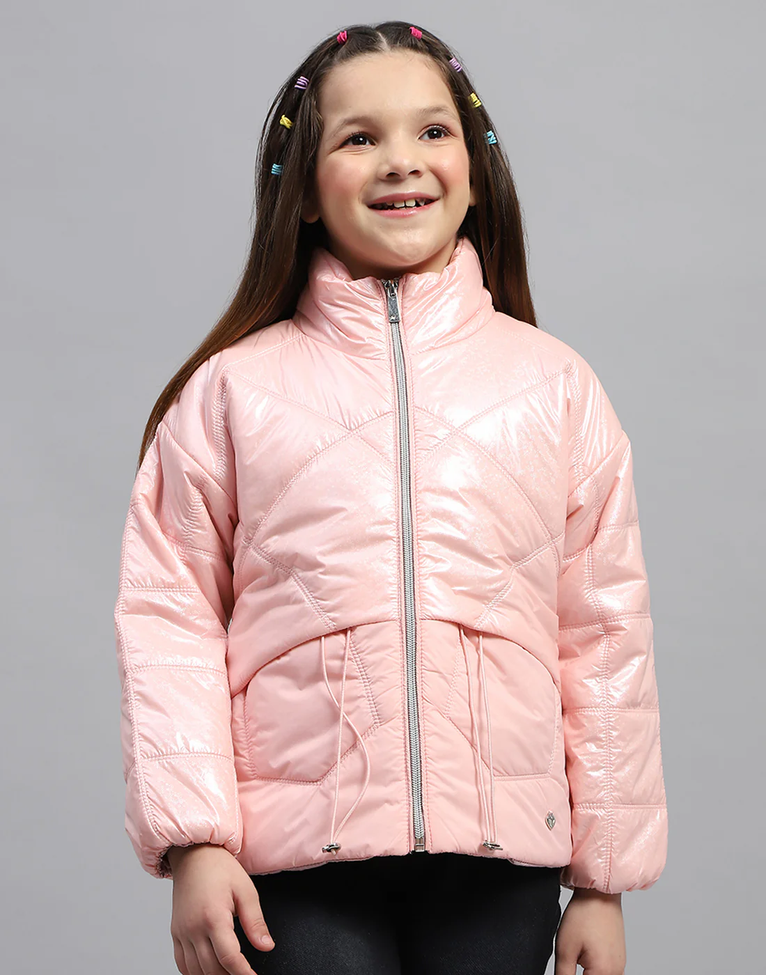 Girls Pink Solid High Neck Full Sleeve Jacket - Image 2