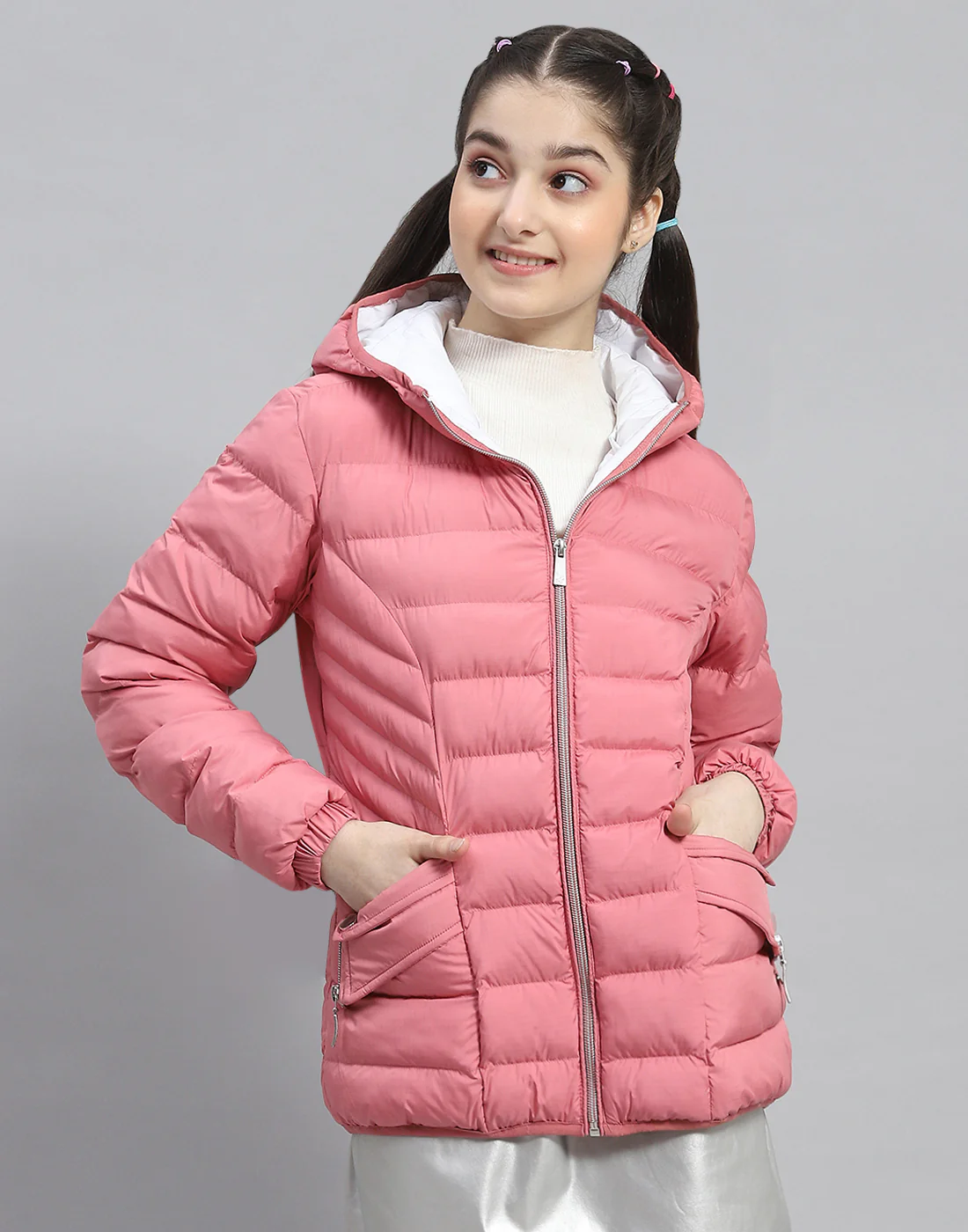 Girls Pink Solid Hooded Full Sleeve Girls Jacket - Image 2