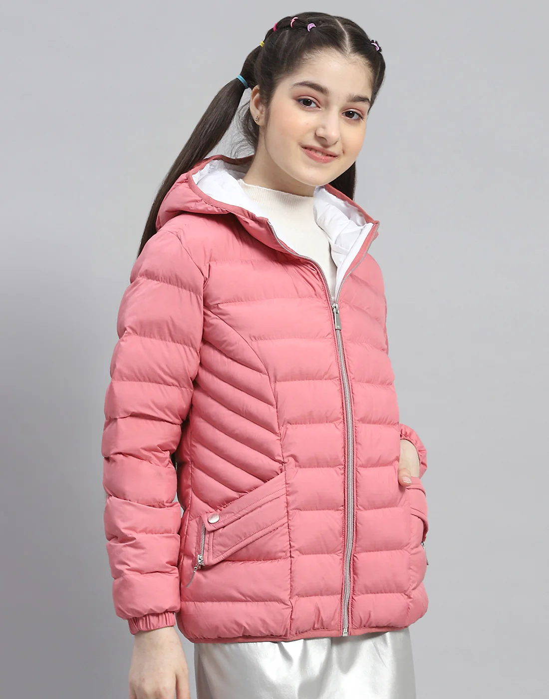 Girls Pink Solid Hooded Full Sleeve Girls Jacket - Image 4