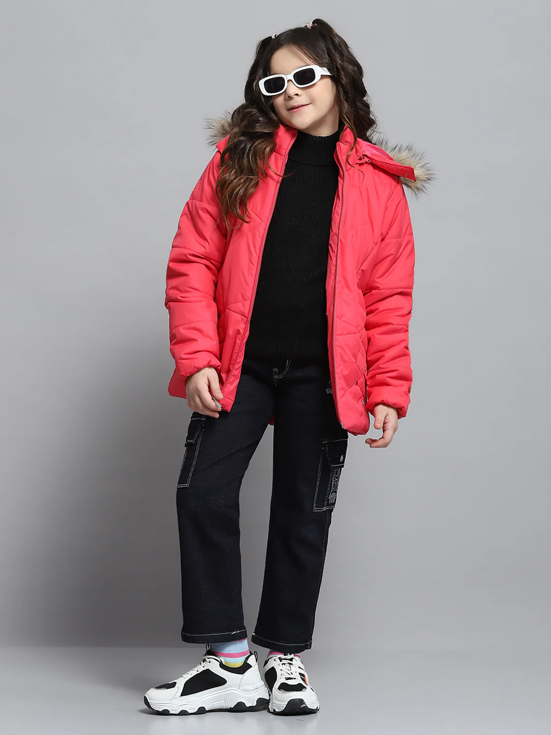 Girls Pink Solid Hooded Full Sleeve Jacket - Image 2