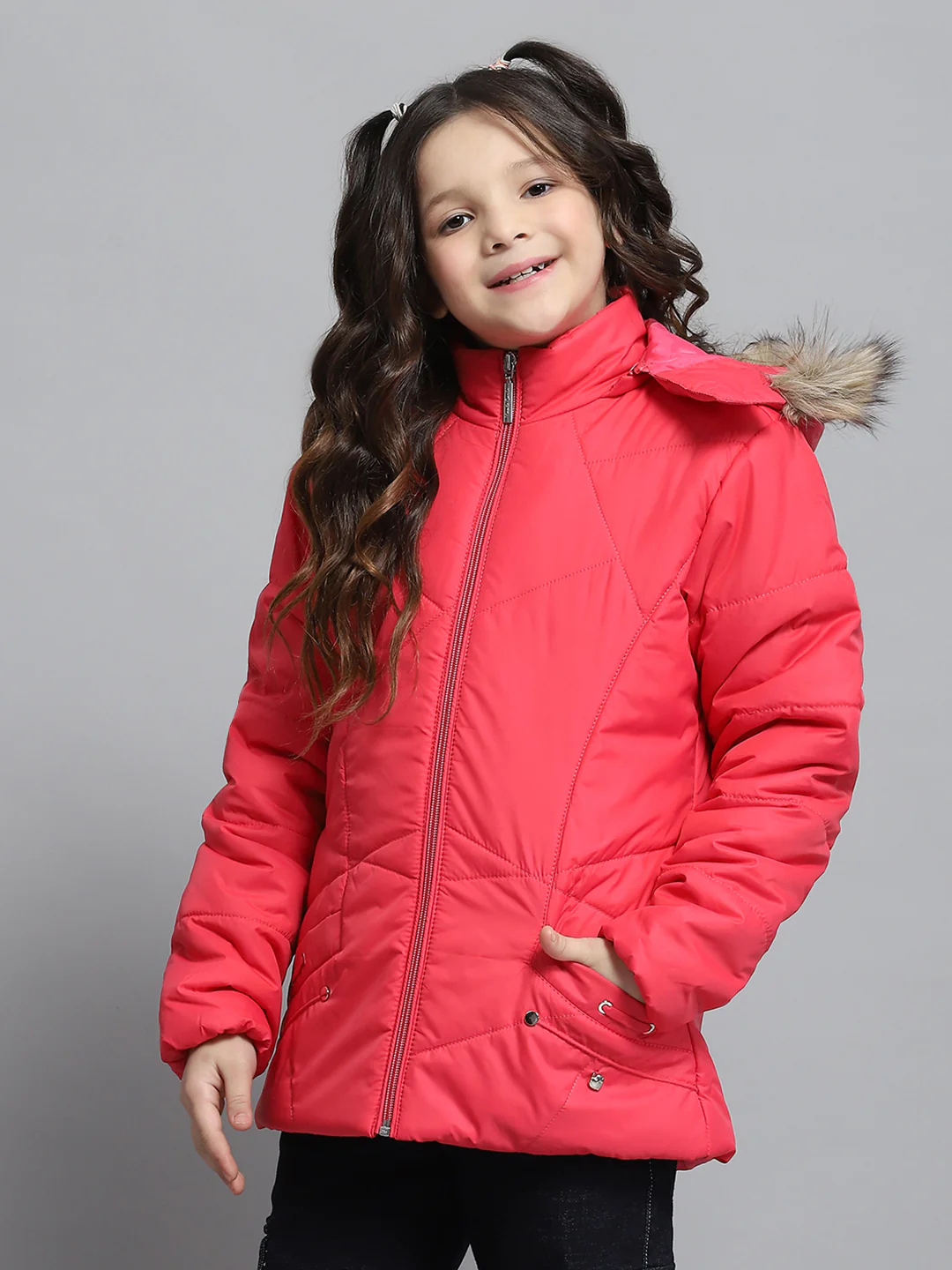 Girls Pink Solid Hooded Full Sleeve Jacket - Image 3