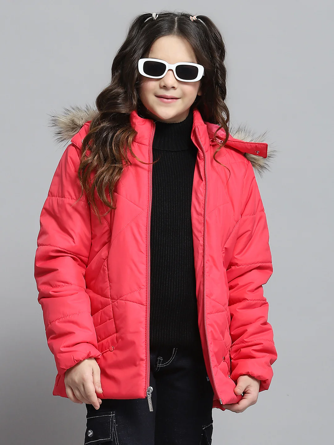 Girls Pink Solid Hooded Full Sleeve Jacket - Image 7