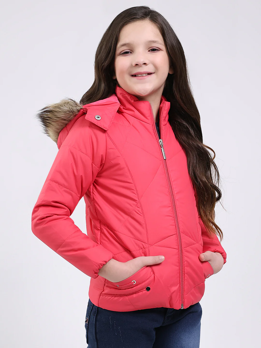 Girls Pink Solid Hooded Full Sleeve Jacket - Image 4