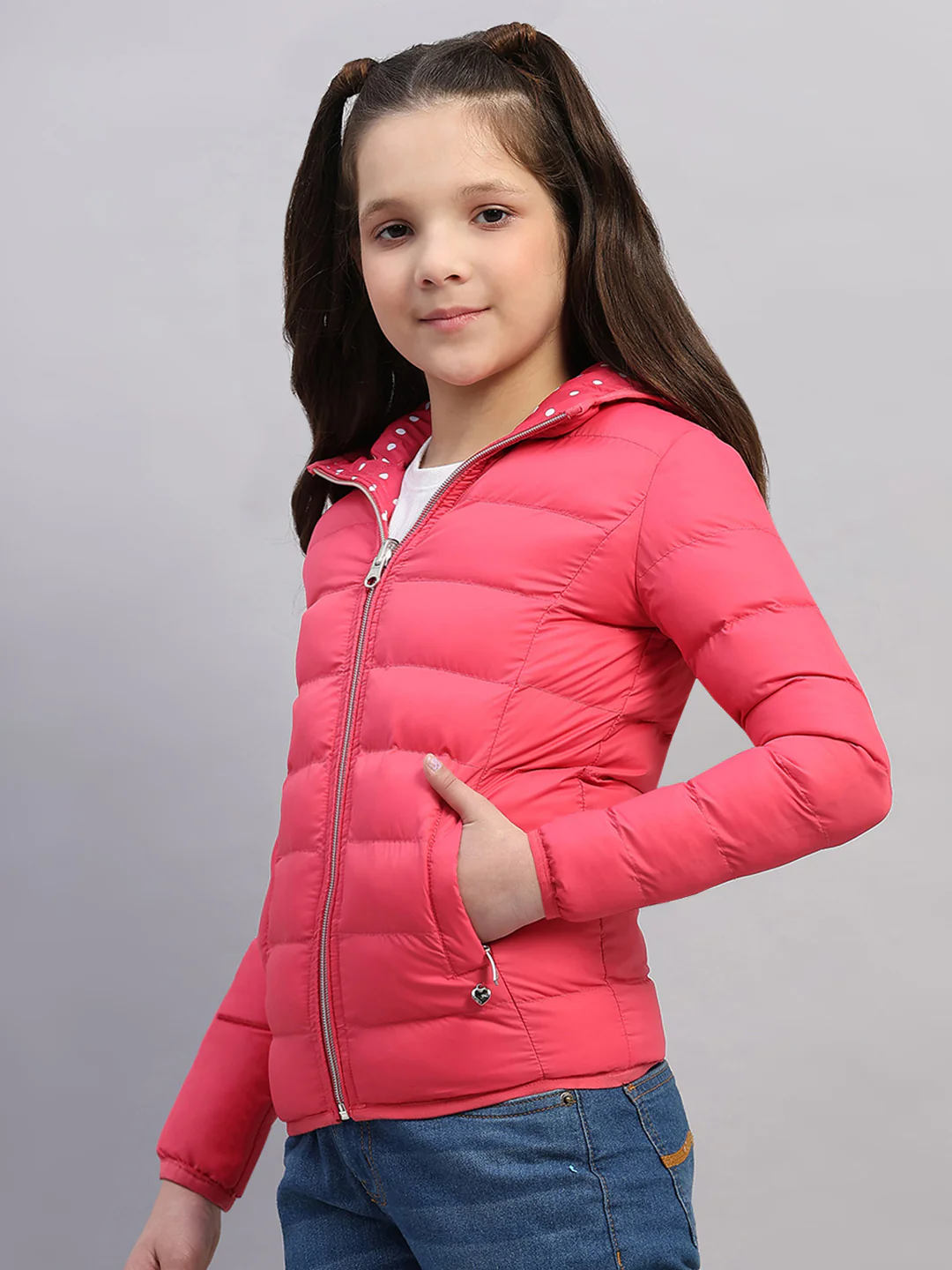 Girls Pink Solid Hooded Full Sleeve Reversible Jacket - Image 3