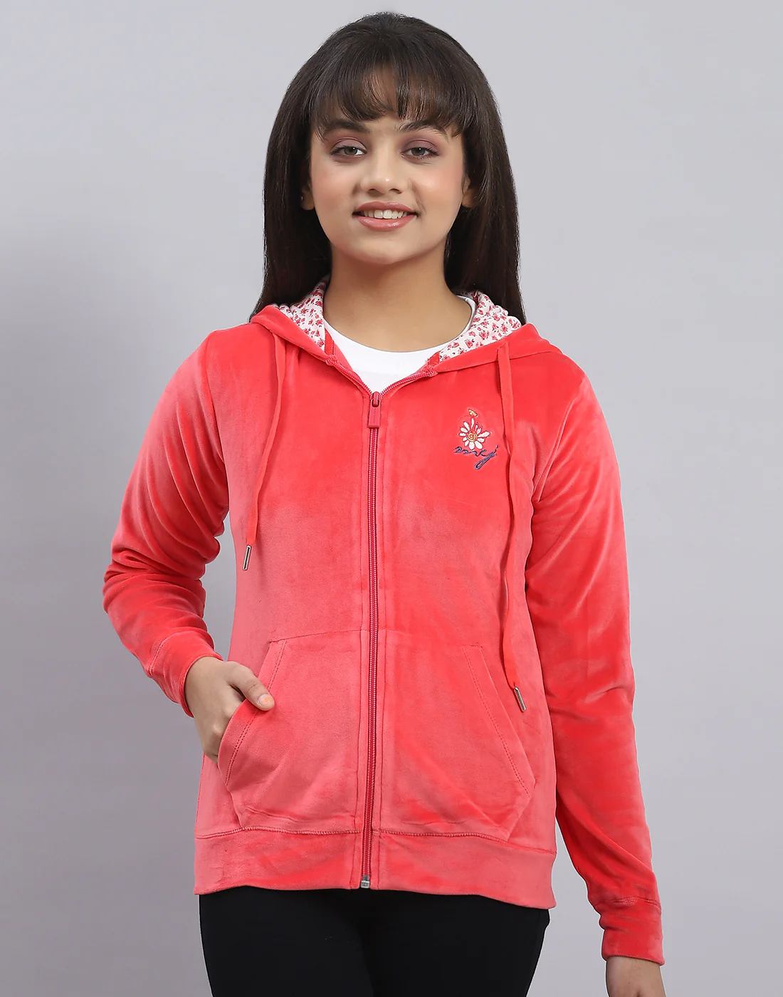 Girls Pink Solid Hooded Full Sleeve Sweatshirt - Image 3