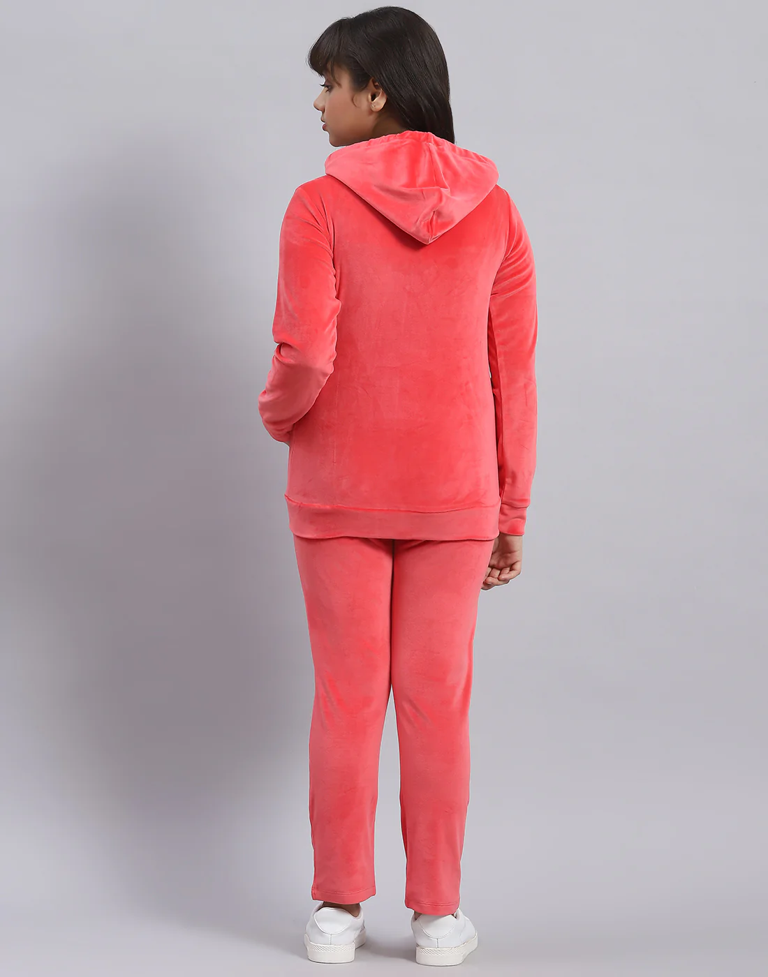 Girls Pink Solid Hooded Full Sleeve Tracksuit - Image 5