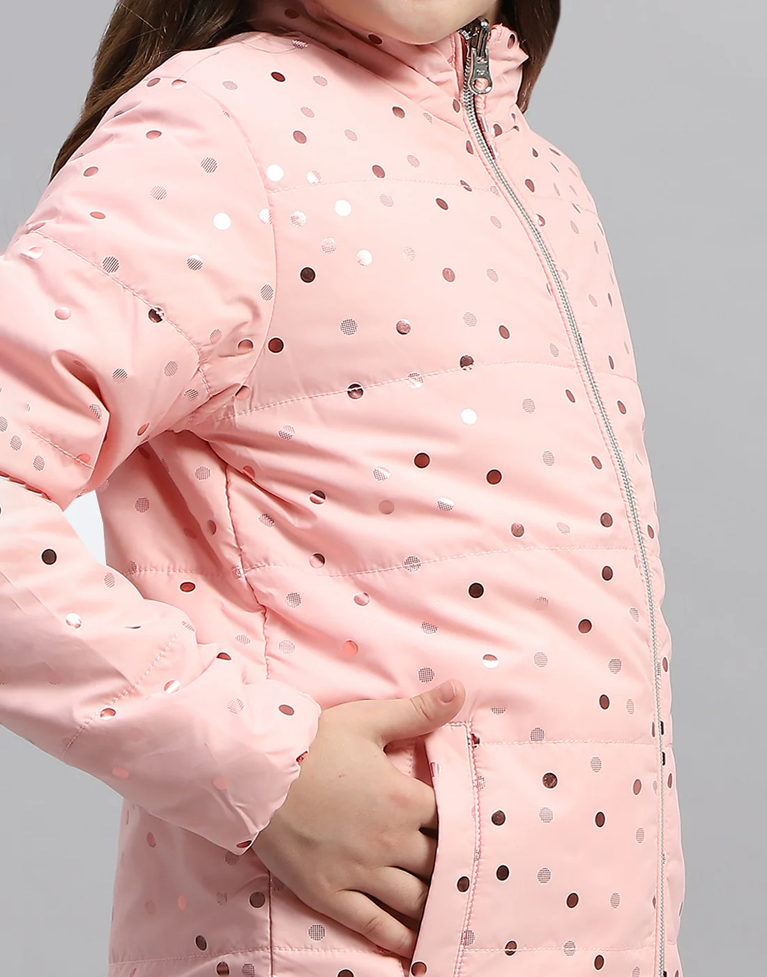 Girls Pink Solid Mock Neck Full Sleeve Jacket - Image 11