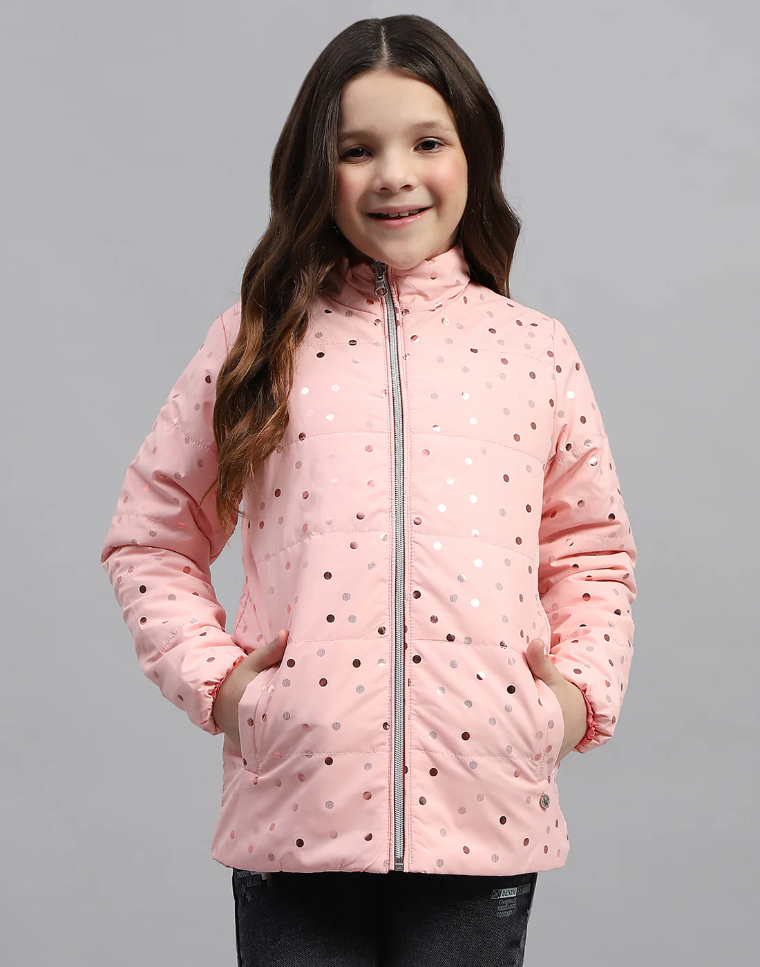 Girls Pink Solid Mock Neck Full Sleeve Jacket - Image 2