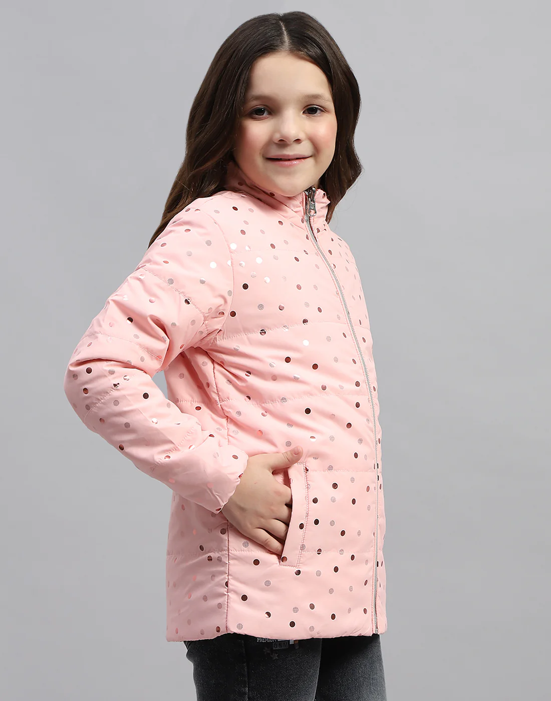 Girls Pink Solid Mock Neck Full Sleeve Jacket - Image 4