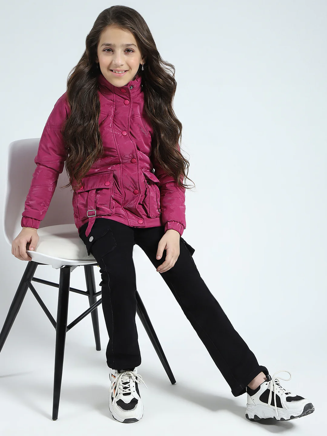 Girls Pink Solid Mock Neck Full Sleeve Jacket - Image 2
