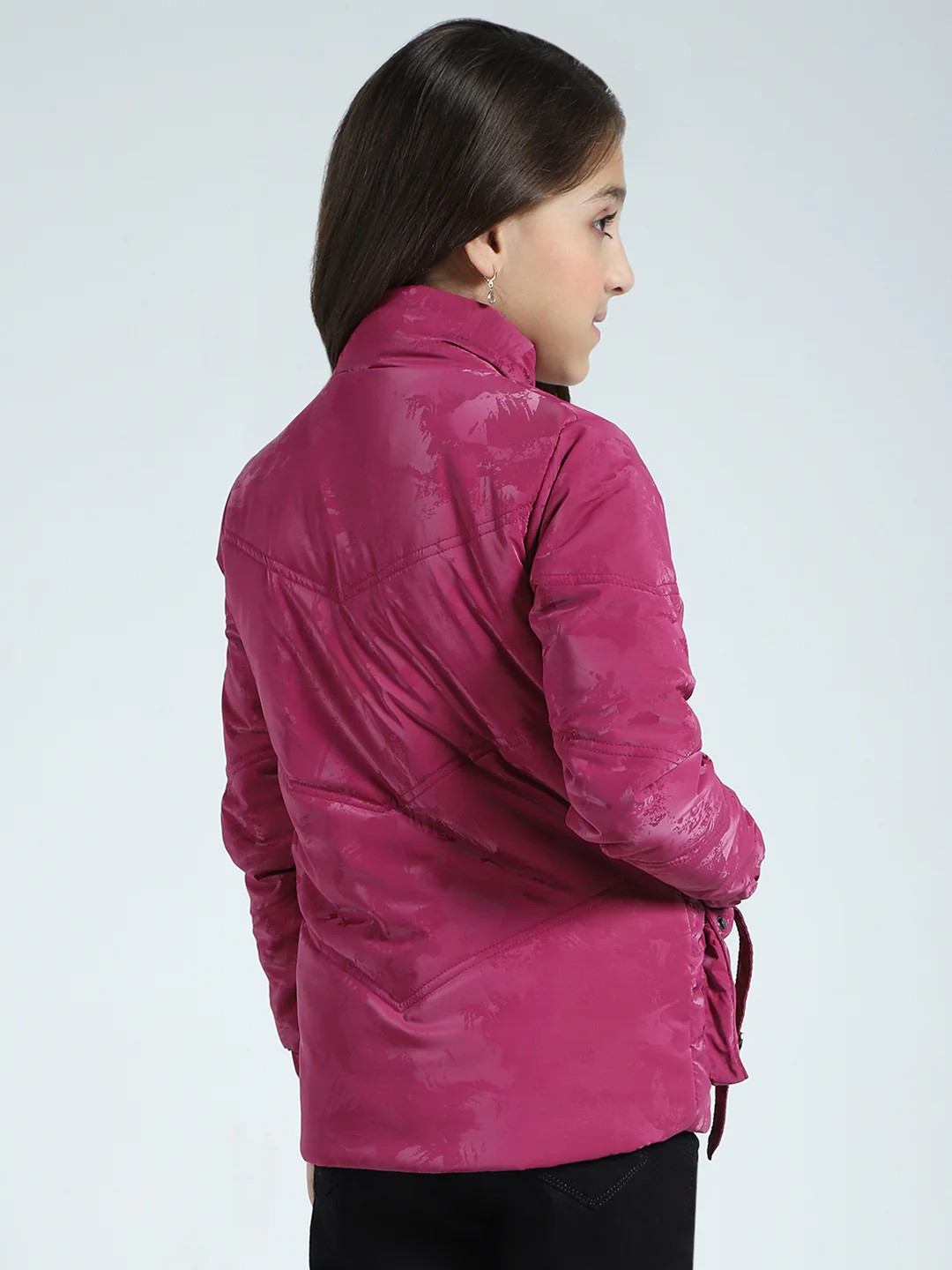 Girls Pink Solid Mock Neck Full Sleeve Jacket - Image 5