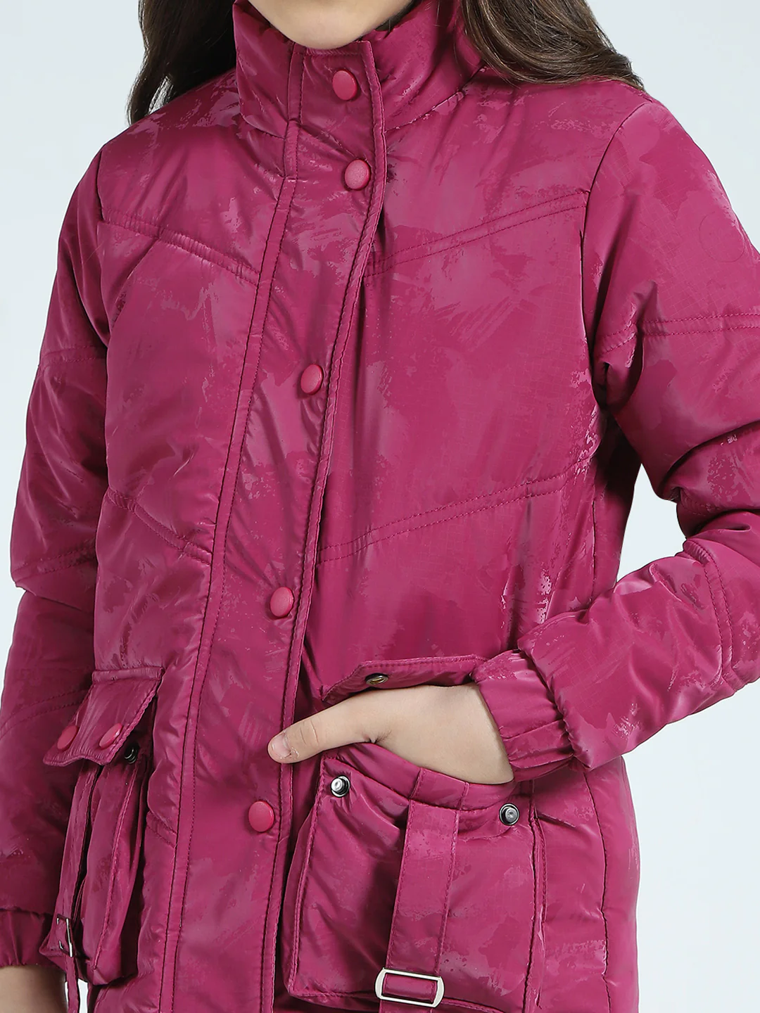 Girls Pink Solid Mock Neck Full Sleeve Jacket - Image 6