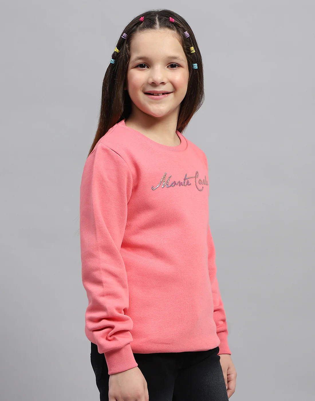 Girls Pink Solid Round Neck Full Sleeve Sweatshirt - Image 4