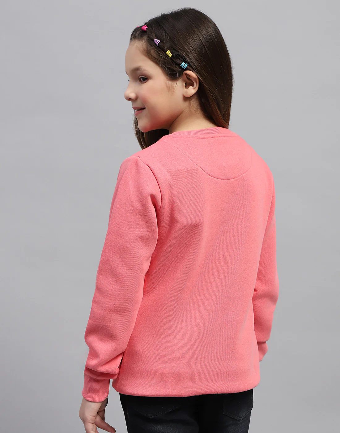 Girls Pink Solid Round Neck Full Sleeve Sweatshirt - Image 5