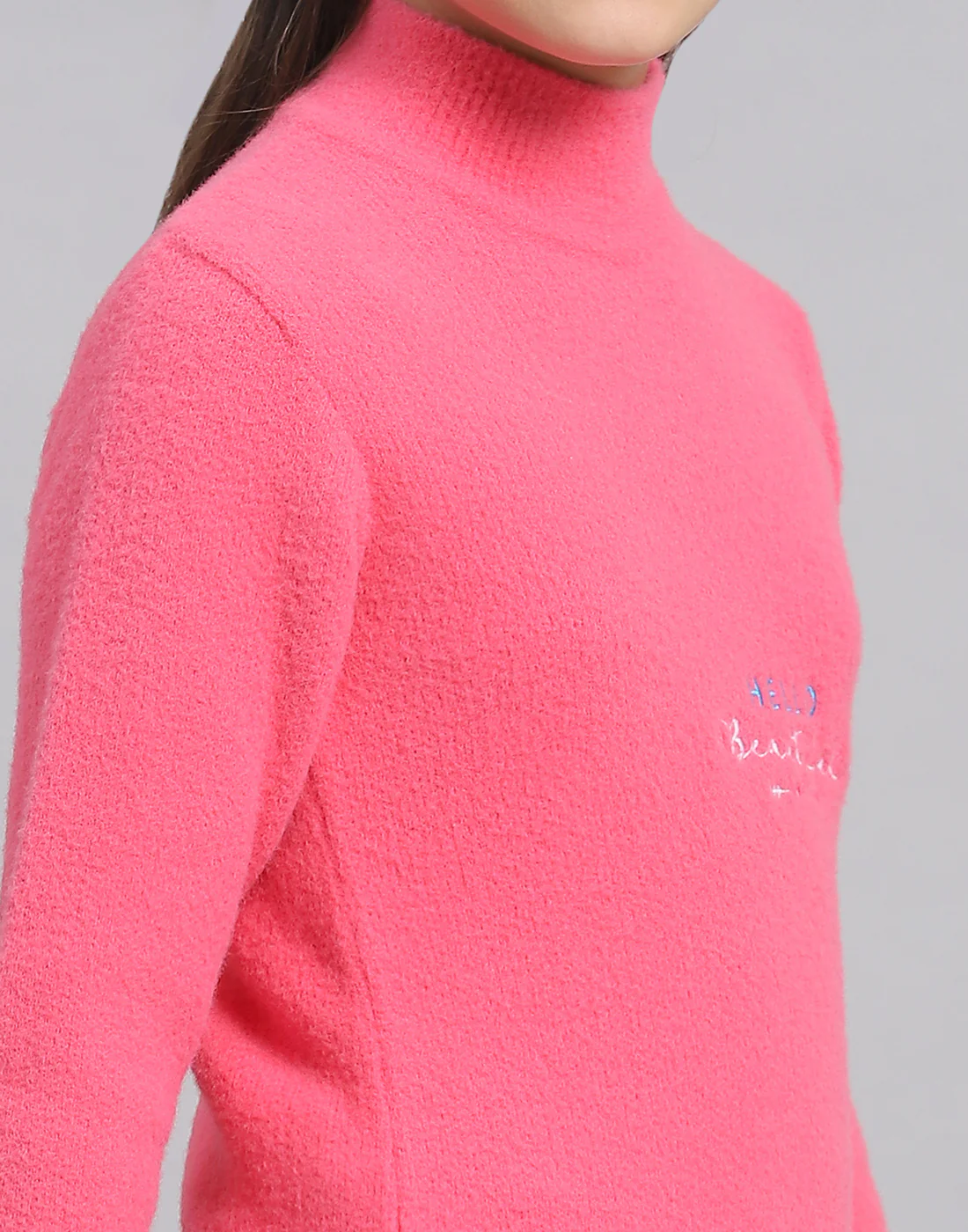 Girls Pink Solid T Neck Full Sleeve Sweater - Image 6