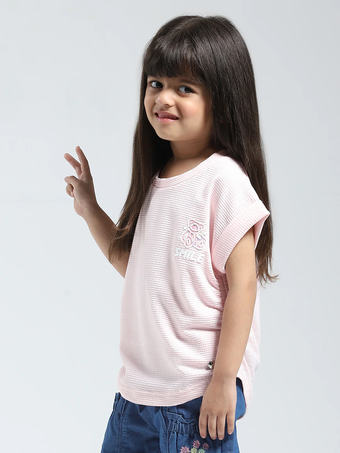Girls Pink Solid Round Neck Half Sleeve Top - Image 3
