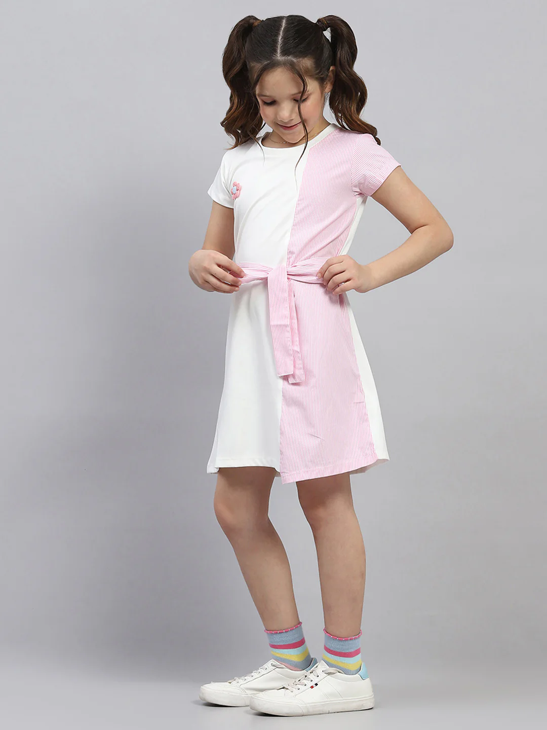 Girls Pink Stripe Round Neck Half Sleeve Dress - Image 3