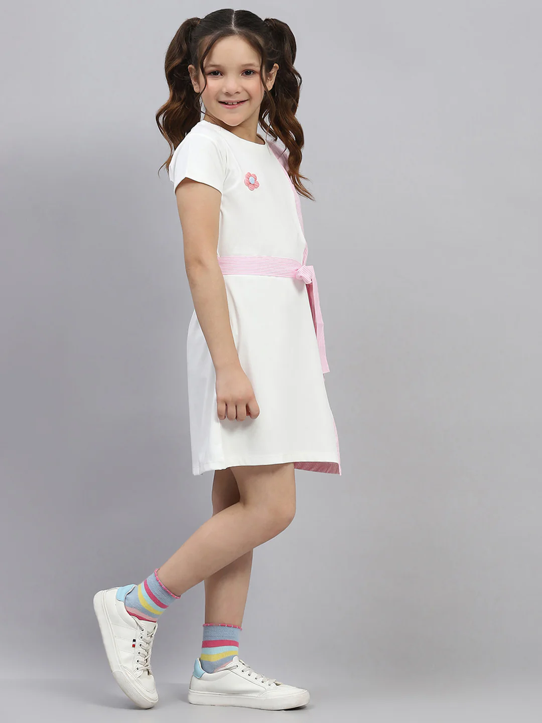 Girls Pink Stripe Round Neck Half Sleeve Dress - Image 4