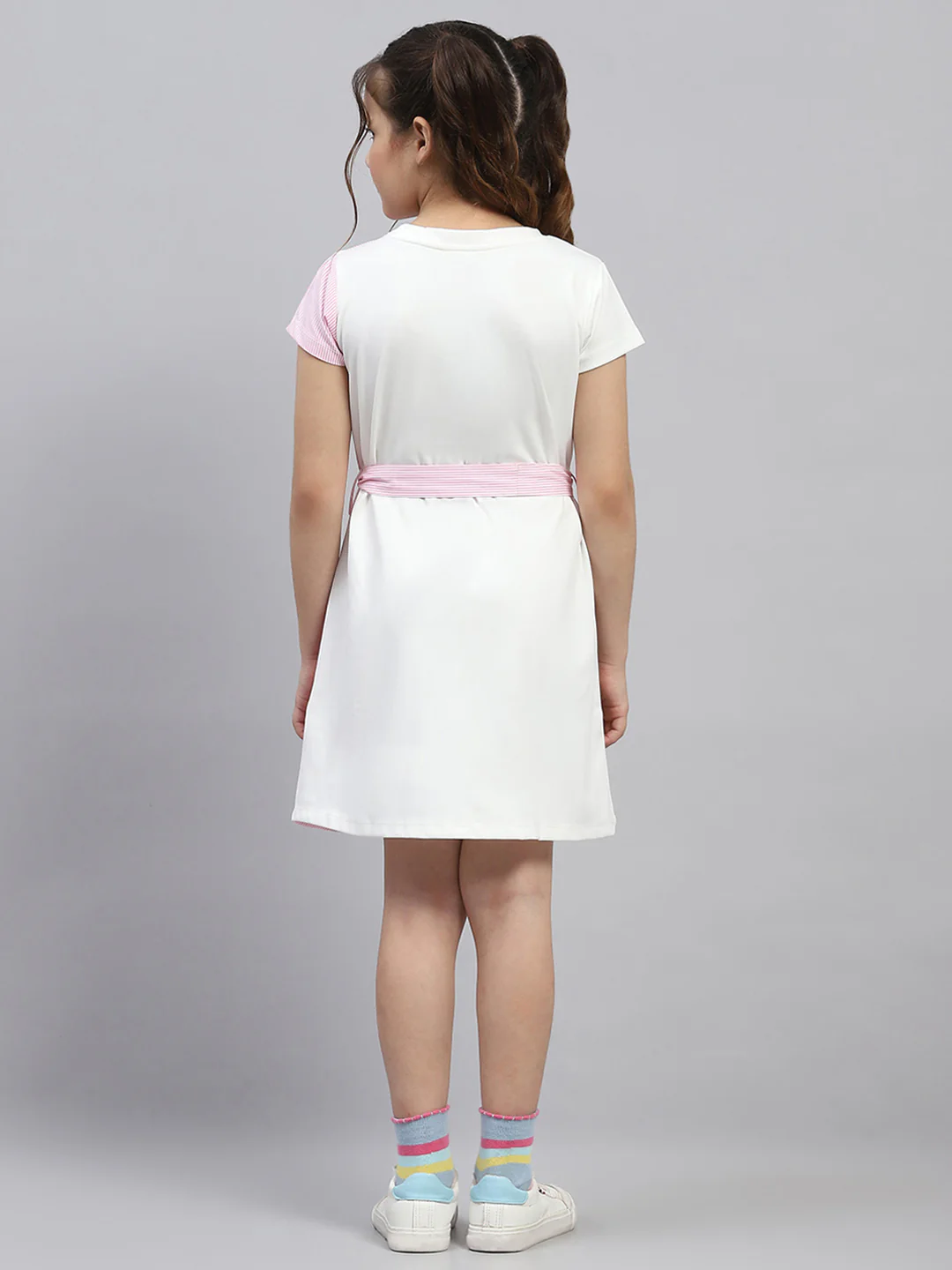 Girls Pink Stripe Round Neck Half Sleeve Dress - Image 5