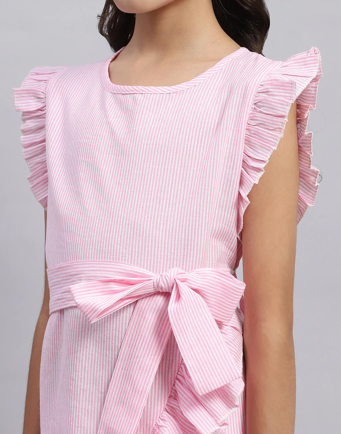 Girls Pink Stripe Round Neck Half Sleeve Dress - Image 7