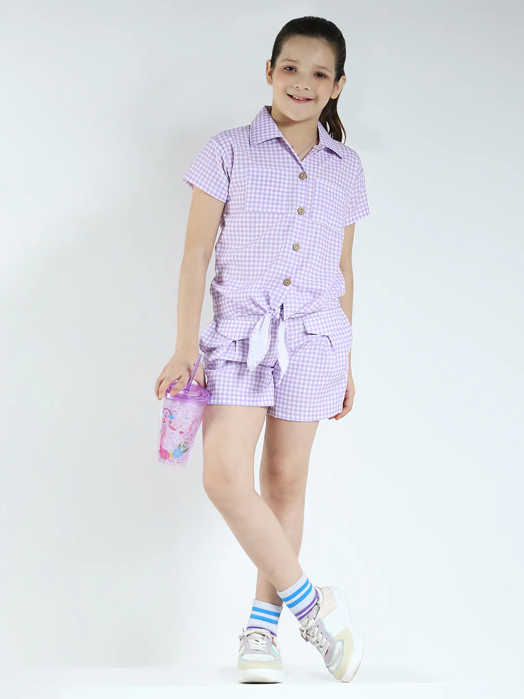 Girls Purple Check Collar Half Sleeve Cords Set - Image 2