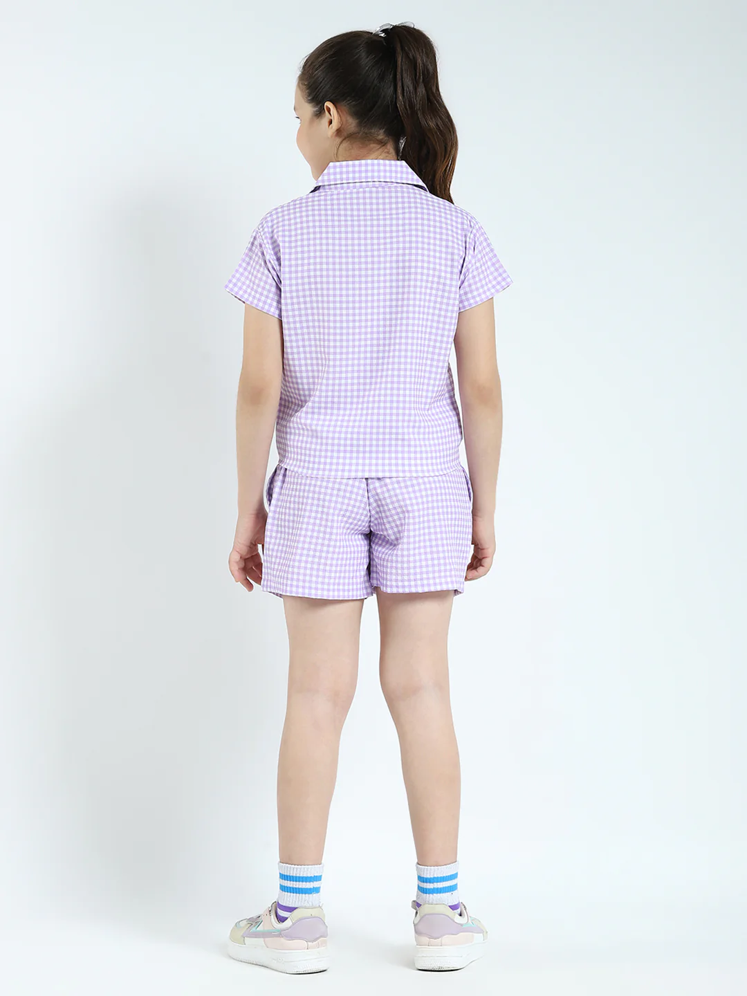 Girls Purple Check Collar Half Sleeve Cords Set - Image 5