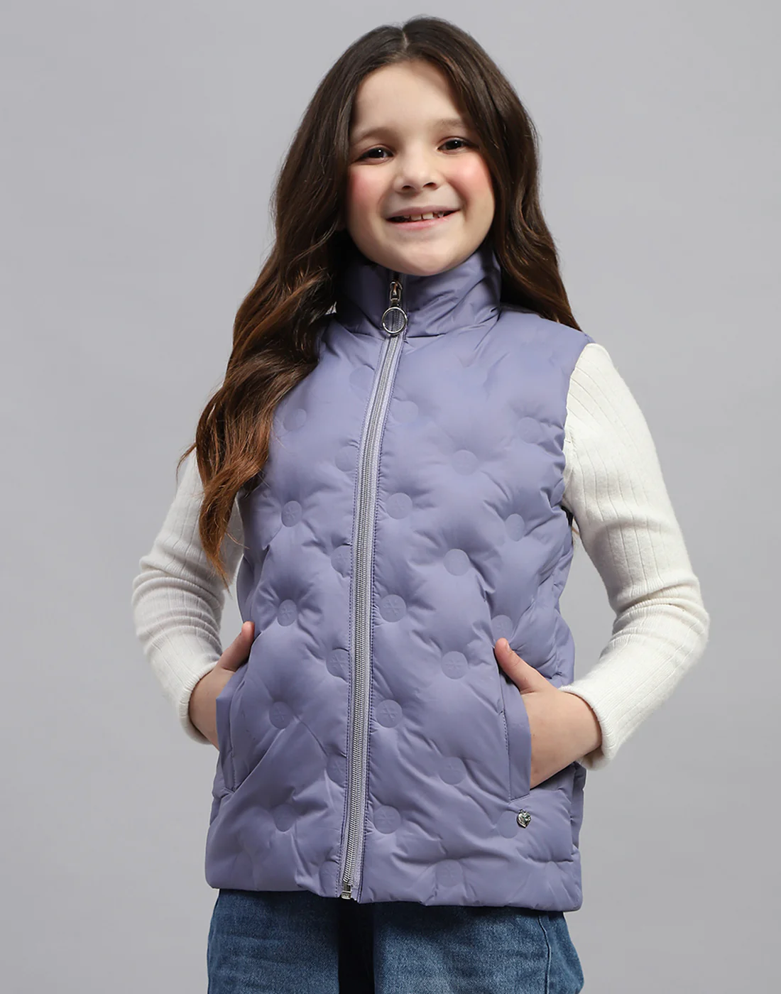 Girls Purple Polka Dots High Neck Sleeveless Jacket - Image 2