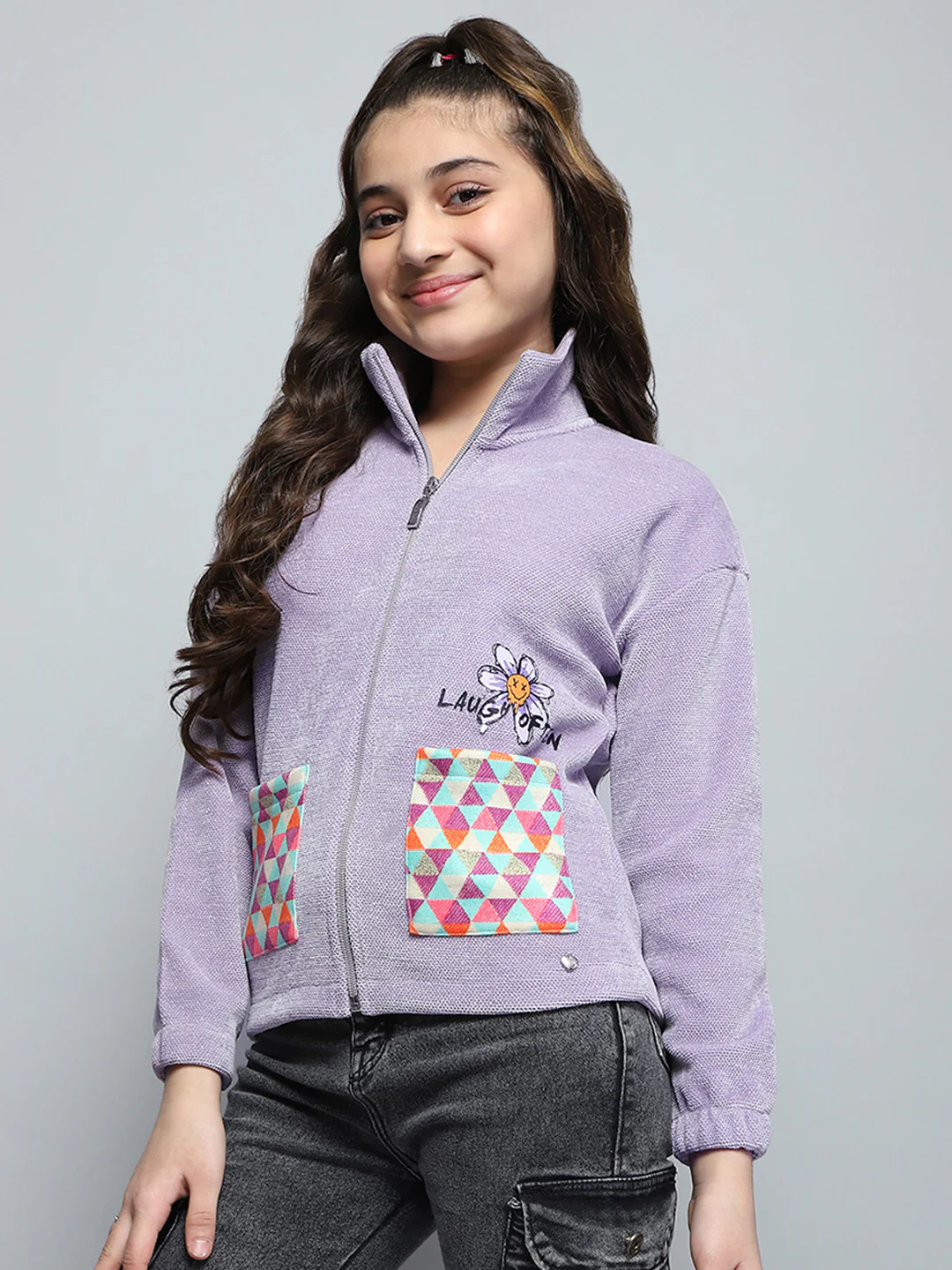 Girls Purple Printed Collar Full Sleeve Sweatshirt - Image 3