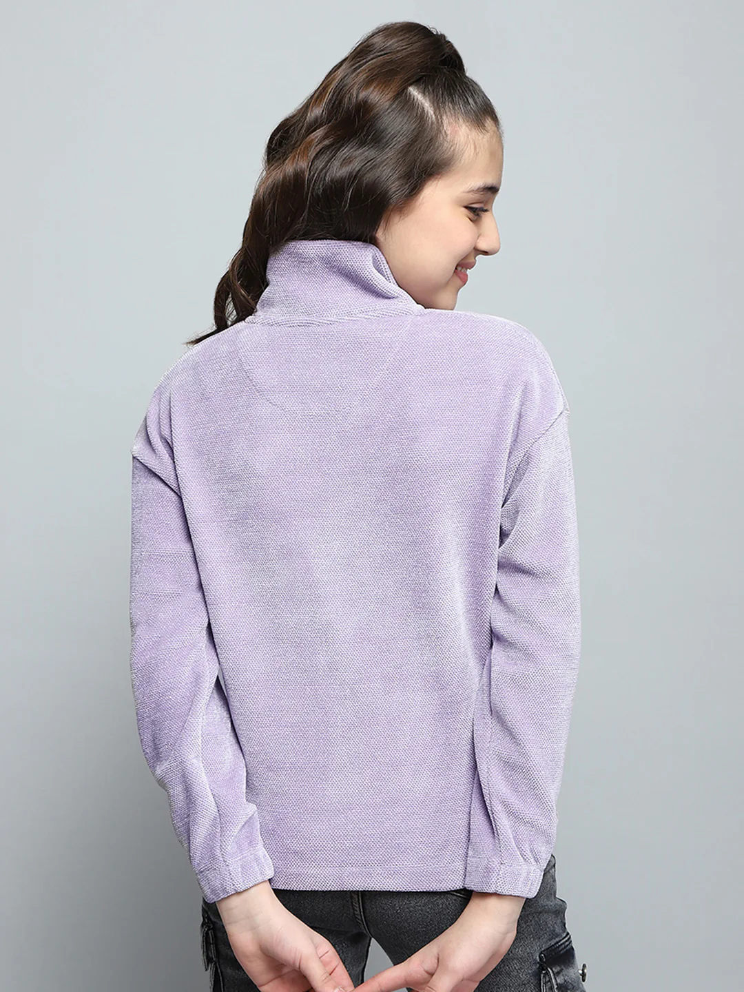 Girls Purple Printed Collar Full Sleeve Sweatshirt - Image 5