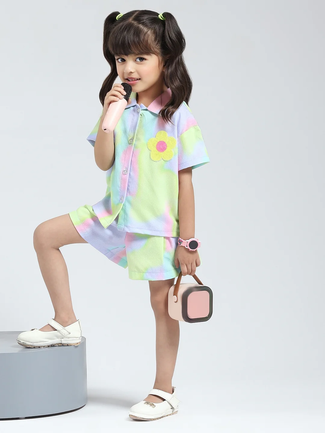Girls Purple Printed Collar Half Sleeve Cords Set - Image 2