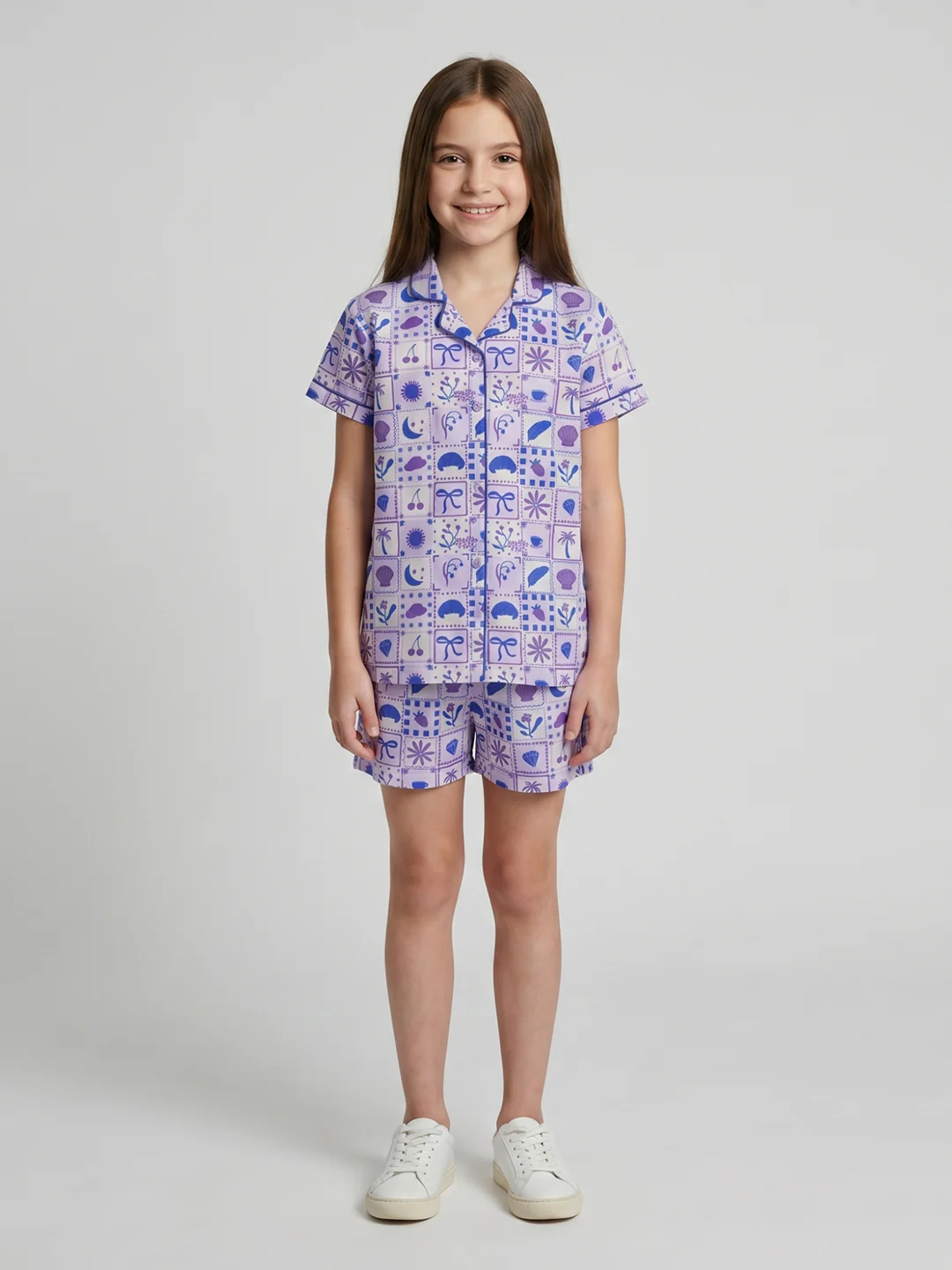 Girls Purple Printed Collar Half Sleeve Shorts Set