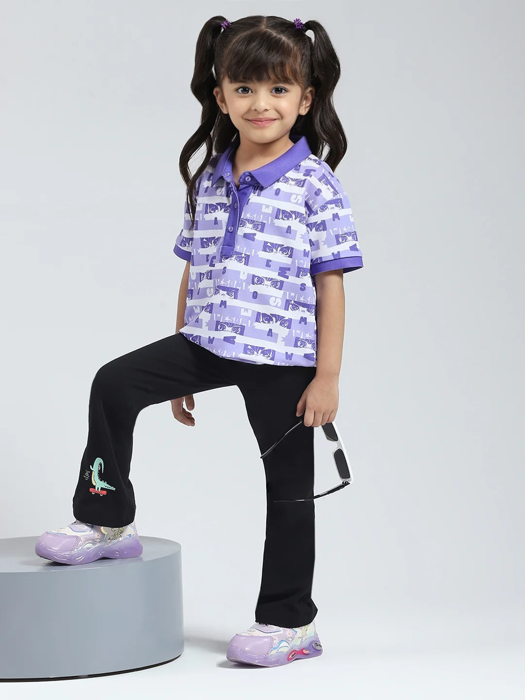 Girls Purple Printed Collar Half Sleeve T-Shirt - Image 2