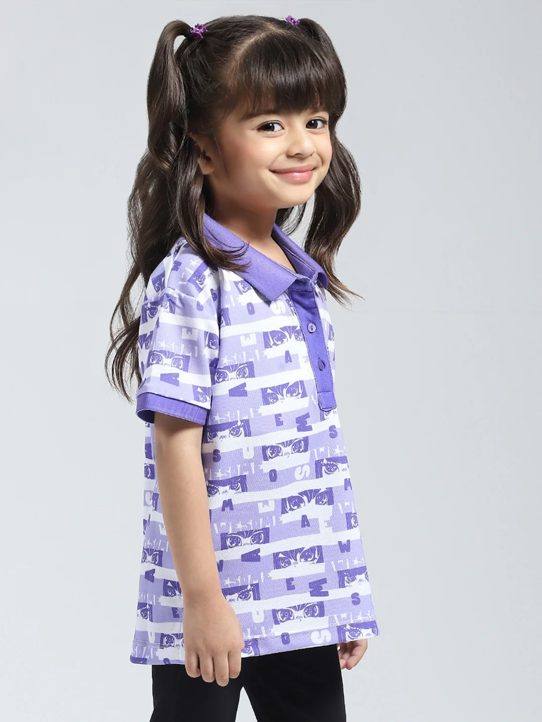 Girls Purple Printed Collar Half Sleeve T-Shirt - Image 4