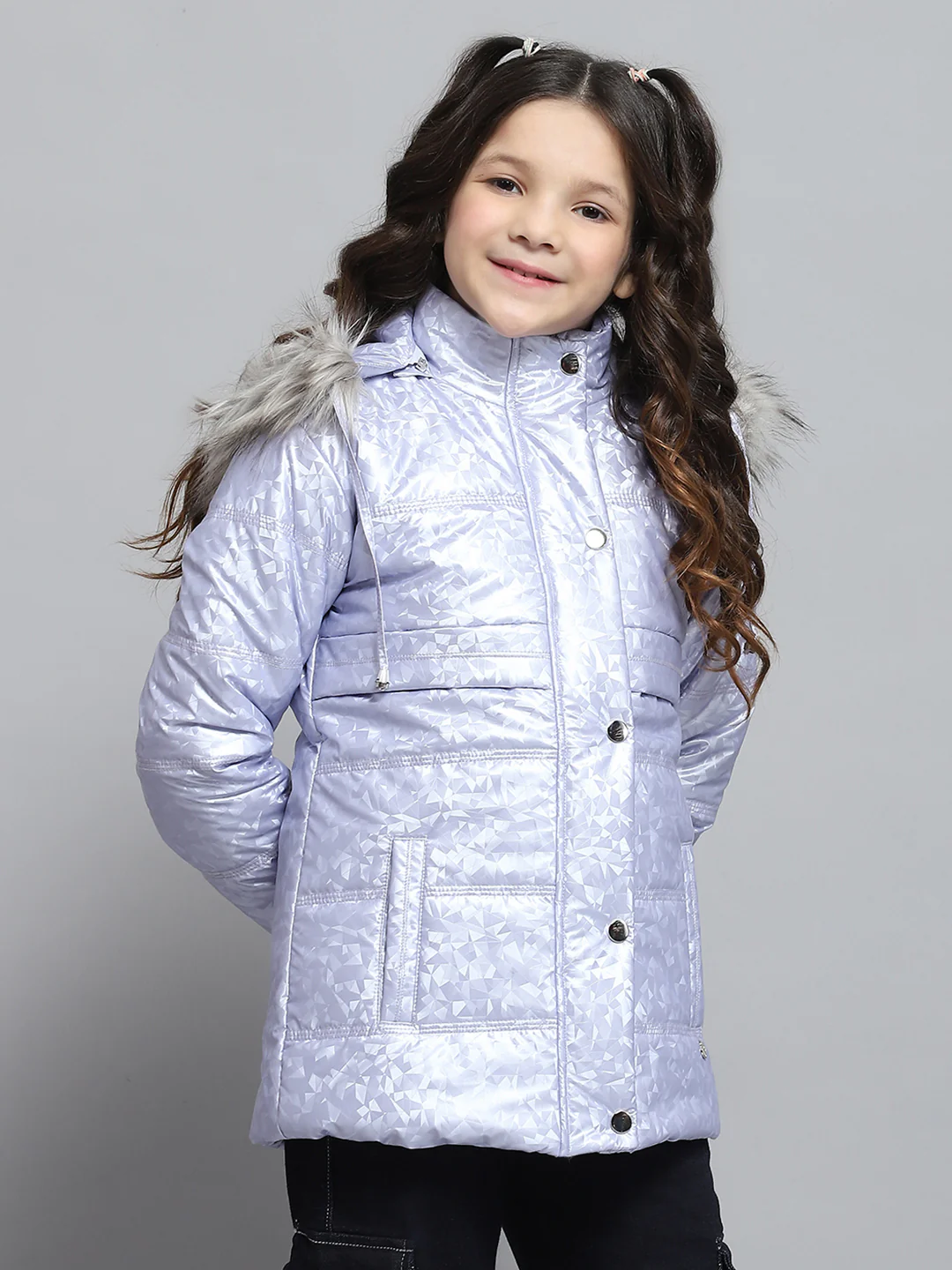 Girls Purple Printed Hooded Full Sleeve Jacket - Image 4